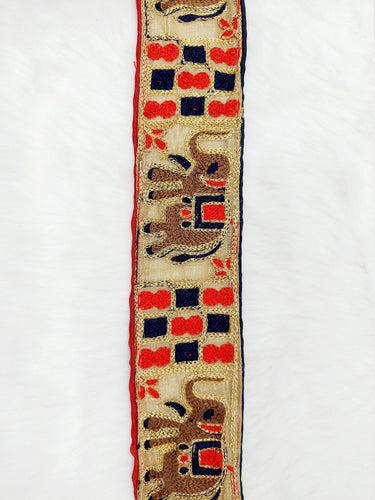 Beige Shimmer Gold Art Silk Fabric Trim with Elephant Embroidery, Lace Trim, Indian Lace Trim